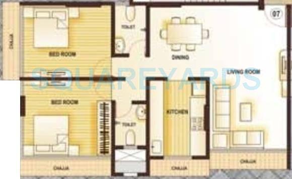 Floor plan of 2 BHK 1040 Sq. Ft. Apartment in Kamla Aquina, Mumbai