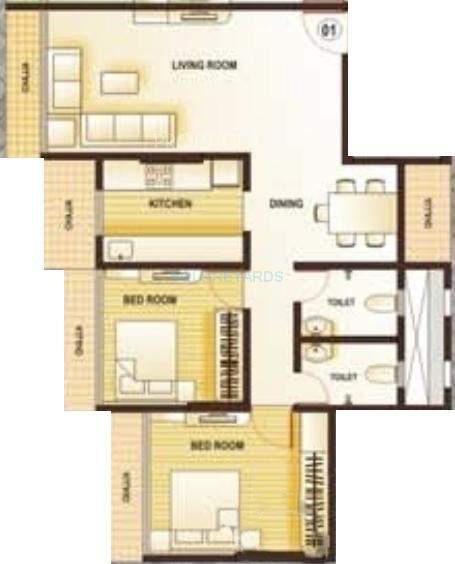 Floor plan of 2 BHK 1115 Sq. Ft. Apartment in Kamla Aquina, Mumbai