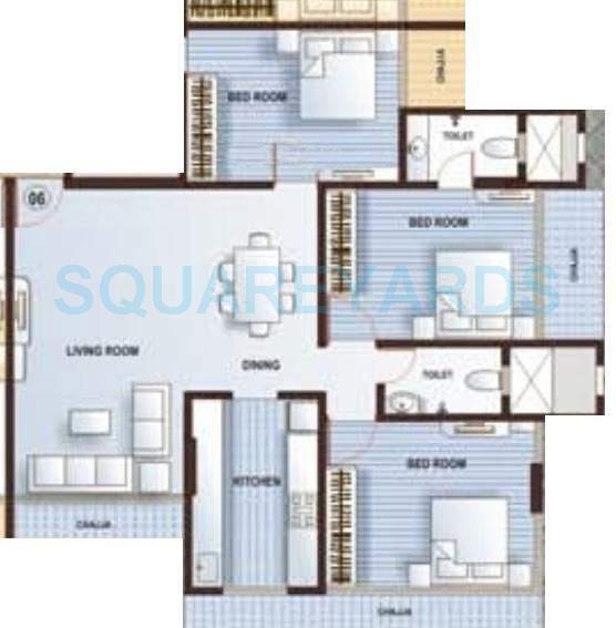 Floor plan of 3 BHK 1525 Sq. Ft. Apartment in Kamla Aquina, Mumbai
