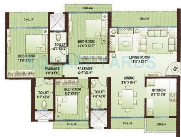 Floor plan of 3 BHK 1500 Sq. Ft. Apartment in Kamla Atlantis, Mumbai
