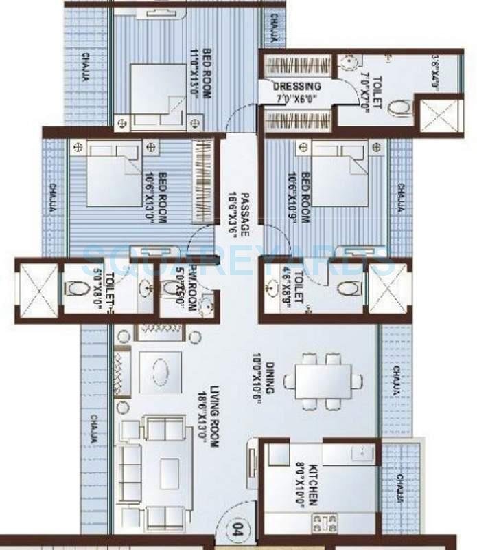 Floor plan of 3 BHK 1800 Sq. Ft. Apartment in Kamla Atlantis, Mumbai