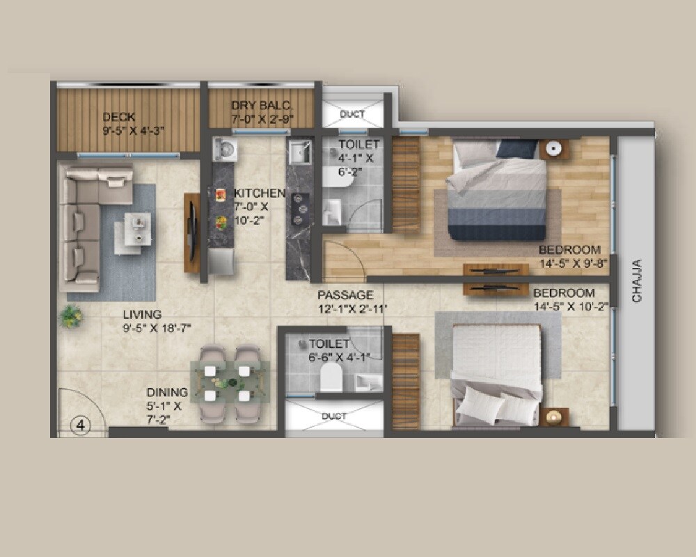 Floor plan of 2 BHK 784 Sq. Ft. Apartment in Kamla Chandra Rashmi, Mumbai