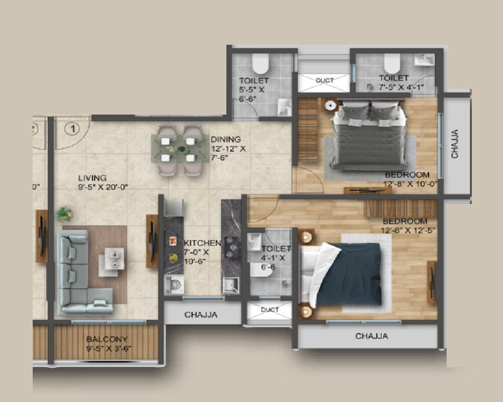 Floor plan of 2 BHK 830 Sq. Ft. Apartment in Kamla Chandra Rashmi, Mumbai