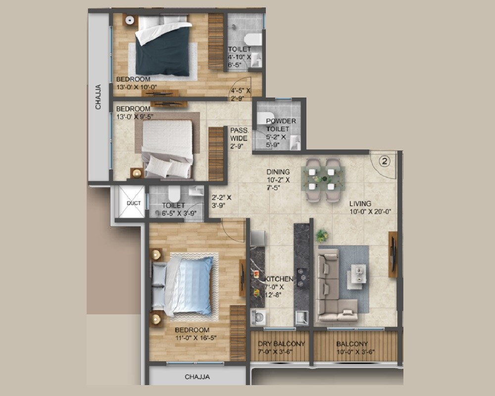 Floor plan of 3 BHK 1070 Sq. Ft. Apartment in Kamla Chandra Rashmi, Mumbai
