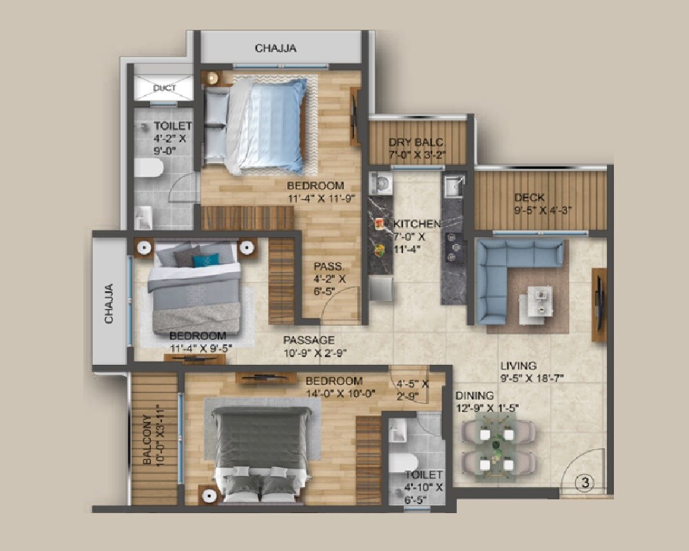 Floor plan of 3 BHK 968 Sq. Ft. Apartment in Kamla Chandra Rashmi, Mumbai