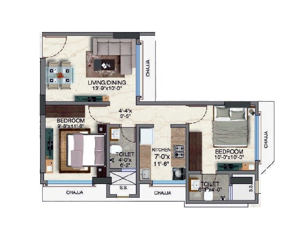 Floor plan of 2 BHK 679 Sq. Ft. Apartment in Kamla Gopal, Mumbai