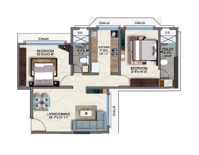 Floor plan of 2 BHK 764 Sq. Ft. Apartment in Kamla Gopal, Mumbai