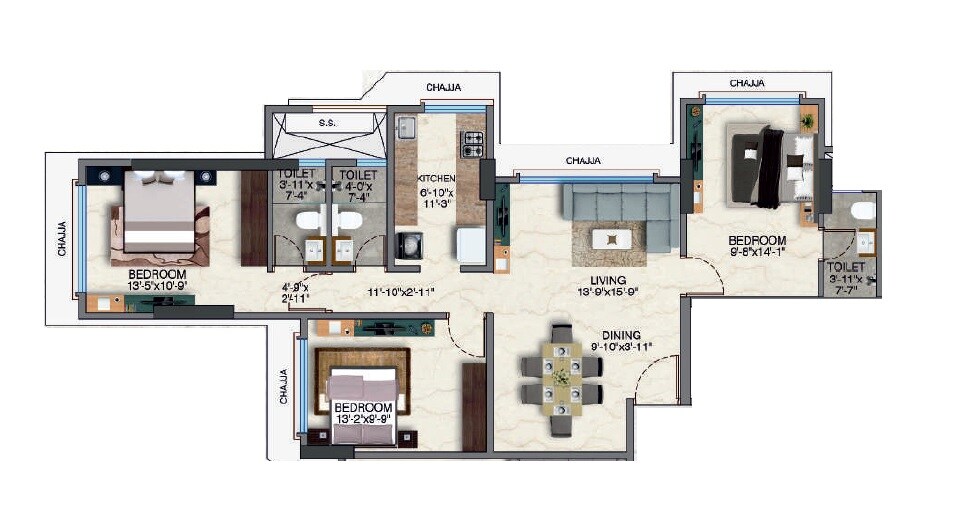 Floor plan of 3 BHK 918 Sq. Ft. Apartment in Kamla Gopal, Mumbai