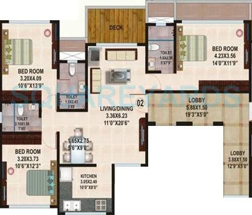 Floor plan of 3 BHK 1550 Sq. Ft. Apartment in Kamla Habitat, Mumbai