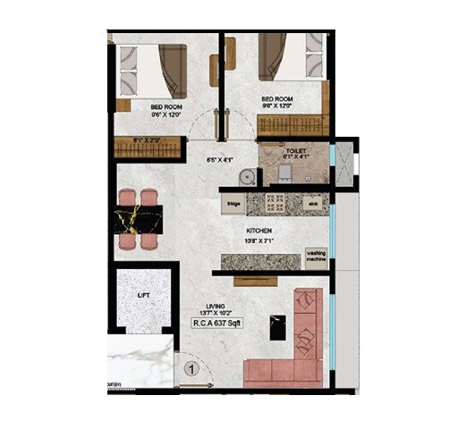 Floor plan of 2 BHK 637 Sq. Ft. Apartment in Kamla Har, Mumbai