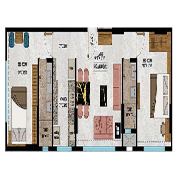 Floor plan of 2 BHK 680 Sq. Ft. Apartment in Kamla Har, Mumbai
