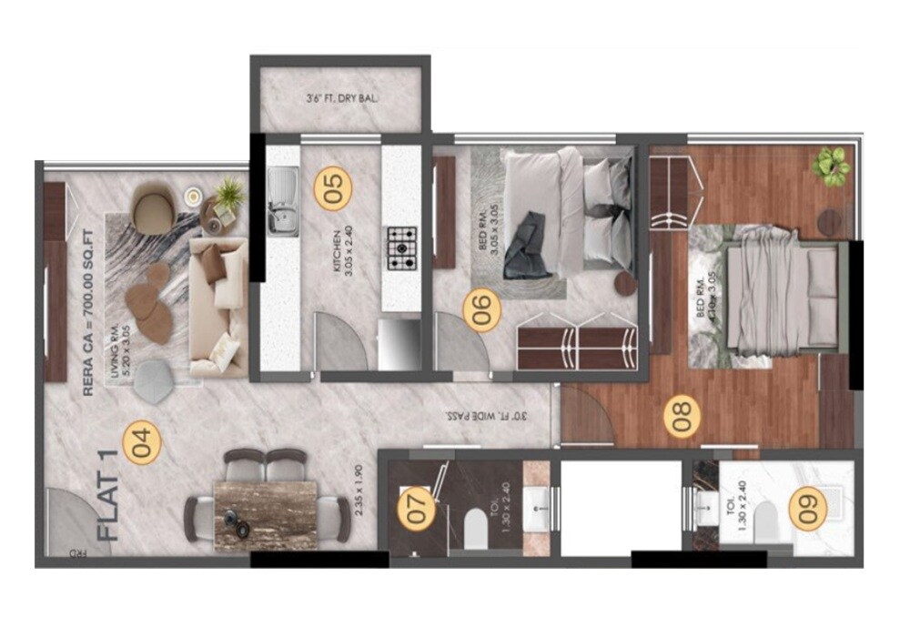 Floor plan of 2 BHK 700 Sq. Ft. Apartment in Kamla Iris, Mumbai