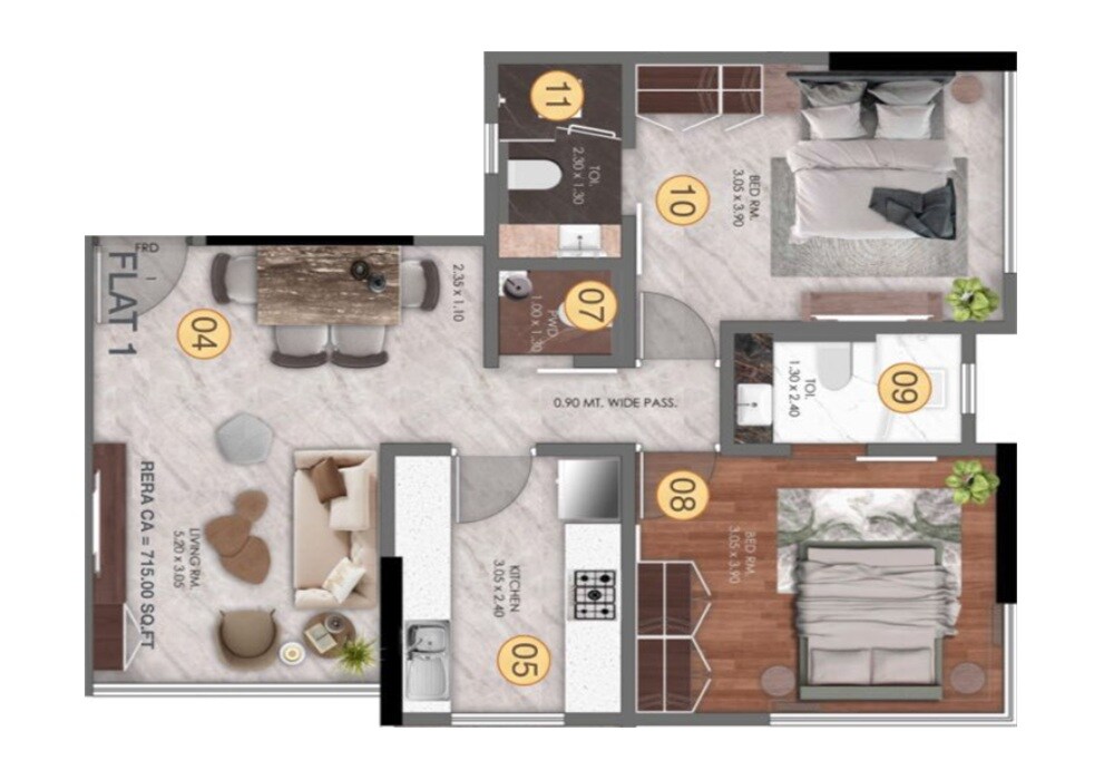 Floor plan of 2 BHK 710 Sq. Ft. Apartment in Kamla Iris, Mumbai