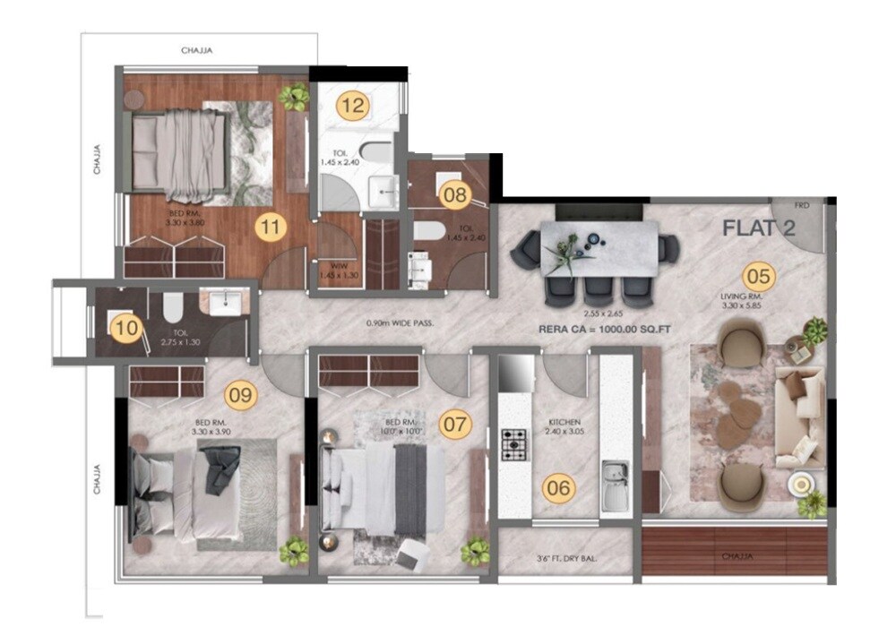 Floor plan of 3 BHK 1000 Sq. Ft. Apartment in Kamla Iris, Mumbai