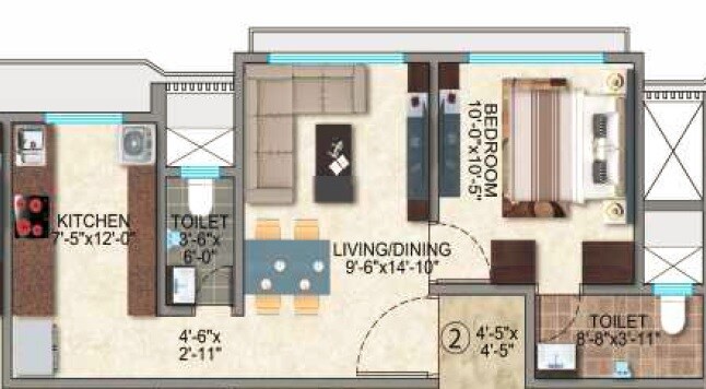 Floor plan of 1 BHK 421 Sq. Ft. Apartment in Kamla Jainson, Mumbai