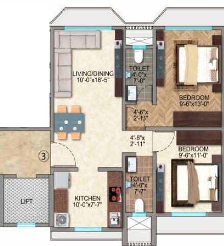 Floor plan of 2 BHK 540 Sq. Ft. Apartment in Kamla Jainson, Mumbai
