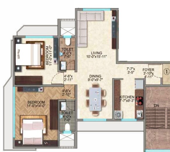 Floor plan of 2 BHK 607 Sq. Ft. Apartment in Kamla Jainson, Mumbai