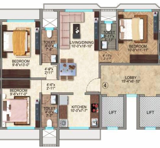Floor plan of 3 BHK 780 Sq. Ft. Apartment in Kamla Jainson, Mumbai