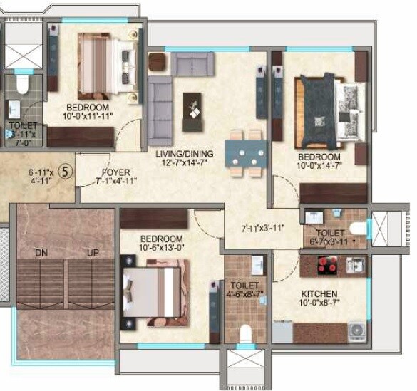 Floor plan of 3 BHK 858 Sq. Ft. Apartment in Kamla Jainson, Mumbai