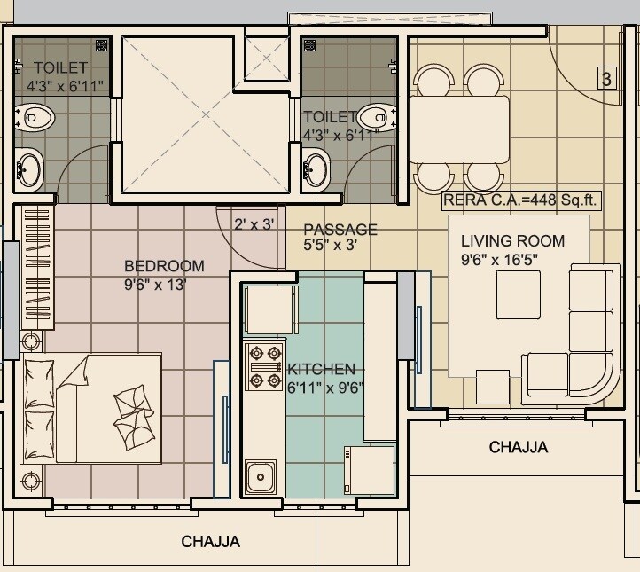 Floor plan of 1 BHK 448 Sq. Ft. Apartment in Kamla Lucky, Mumbai