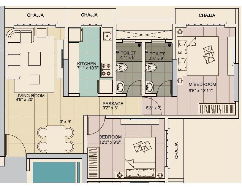Floor plan of 2 BHK 687 Sq. Ft. Apartment in Kamla Lucky, Mumbai