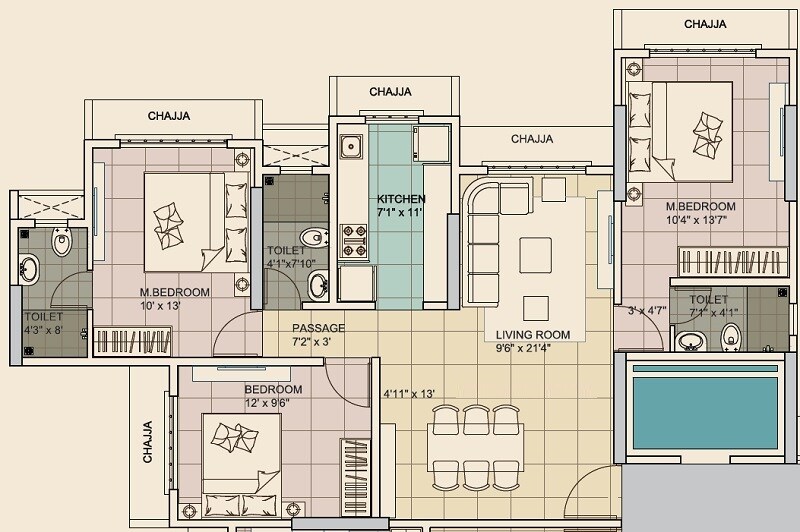 Floor plan of 3 BHK 904 Sq. Ft. Apartment in Kamla Lucky, Mumbai