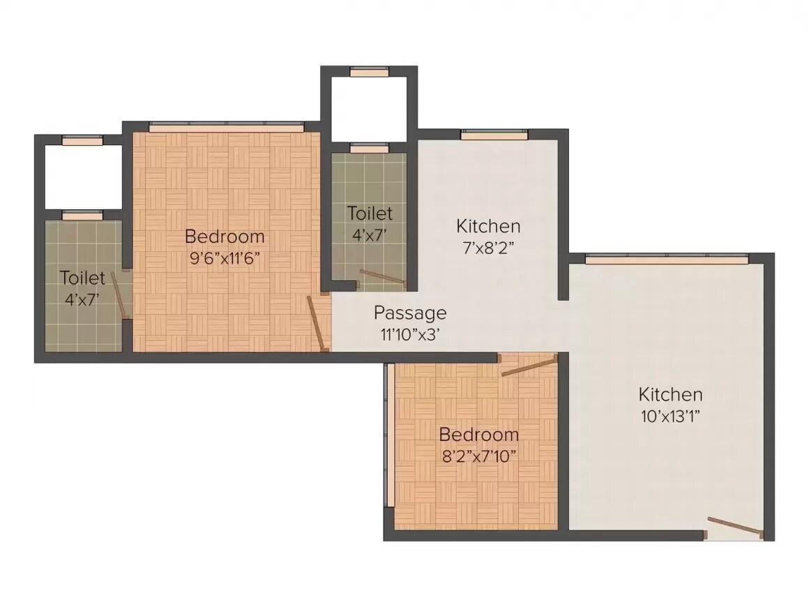 Floor plan of 2 BHK 840 Sq. Ft. Apartment in Kamla  Pee Dee Society, Mumbai