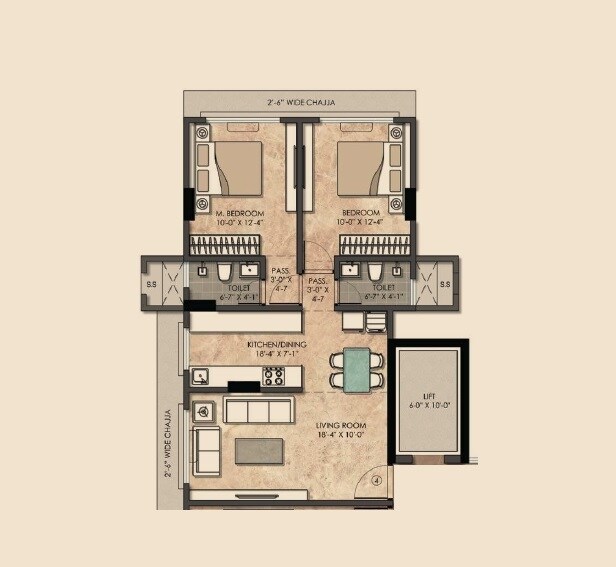 Floor plan of 2 BHK 581 Sq. Ft. Apartment in Kamla Prasanna Jeevan, Mumbai