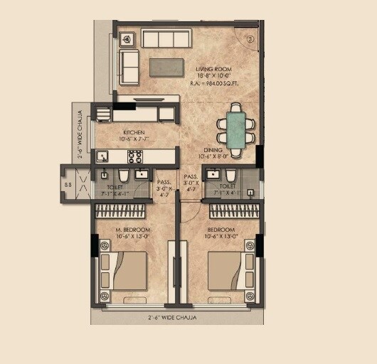 Floor plan of 2 BHK 679 Sq. Ft. Apartment in Kamla Prasanna Jeevan, Mumbai