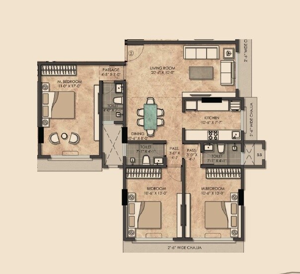 Floor plan of 3 BHK 1109 Sq. Ft. Apartment in Kamla Prasanna Jeevan, Mumbai