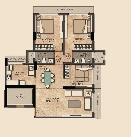 Floor plan of 3 BHK 800 Sq. Ft. Apartment in Kamla Prasanna Jeevan, Mumbai