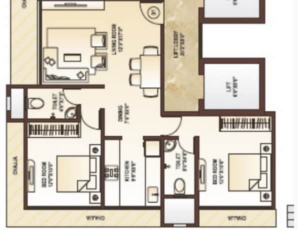 Floor plan of 2 BHK 1163 Sq. Ft. Apartment in Kamla Prathamesh Residency, Mumbai