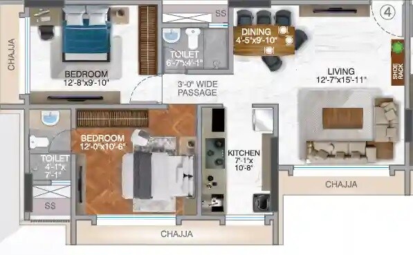 Floor plan of 2 BHK 678 Sq. Ft. Apartment in Kamla Rajesh, Mumbai