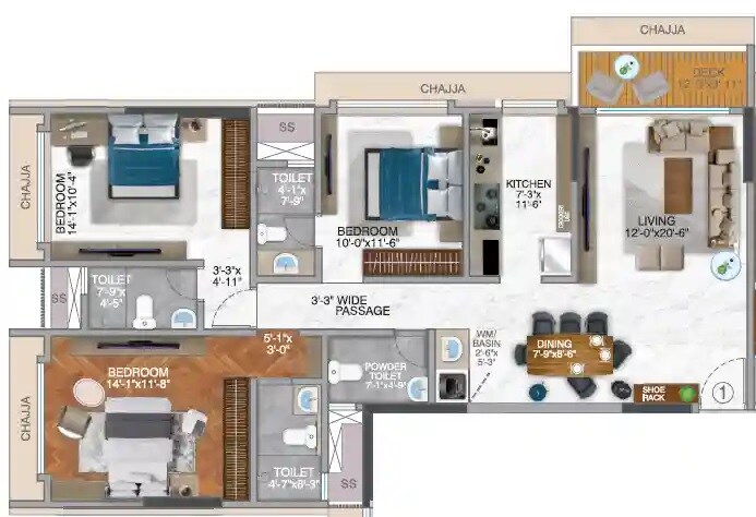 Floor plan of 3 BHK 1113 Sq. Ft. Apartment in Kamla Rajesh, Mumbai