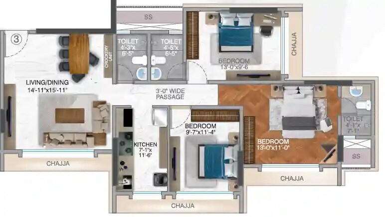 Floor plan of 3 BHK 775 Sq. Ft. Apartment in Kamla Rajesh, Mumbai