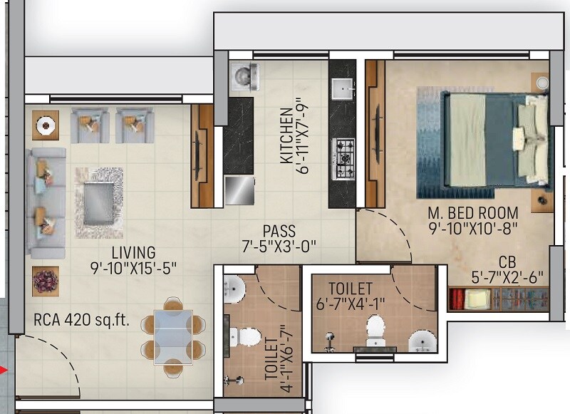 Floor plan of 1 BHK 425 Sq. Ft. Apartment in Kamla Ridhima, Mumbai