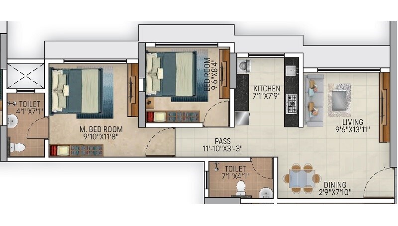 Floor plan of 2 BHK 575 Sq. Ft. Apartment in Kamla Ridhima, Mumbai