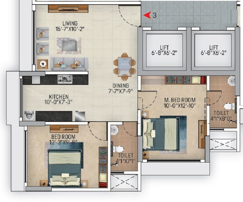 Floor plan of 2 BHK 625 Sq. Ft. Apartment in Kamla Ridhima, Mumbai
