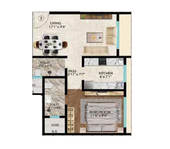 Floor plan of 1 BHK 439 Sq. Ft. Apartment in Kamla Siddhivinayak, Mumbai