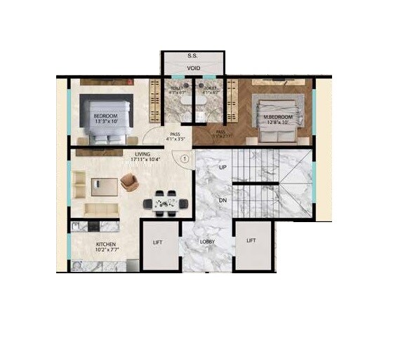 Floor plan of 2 BHK 652 Sq. Ft. Apartment in Kamla Siddhivinayak, Mumbai