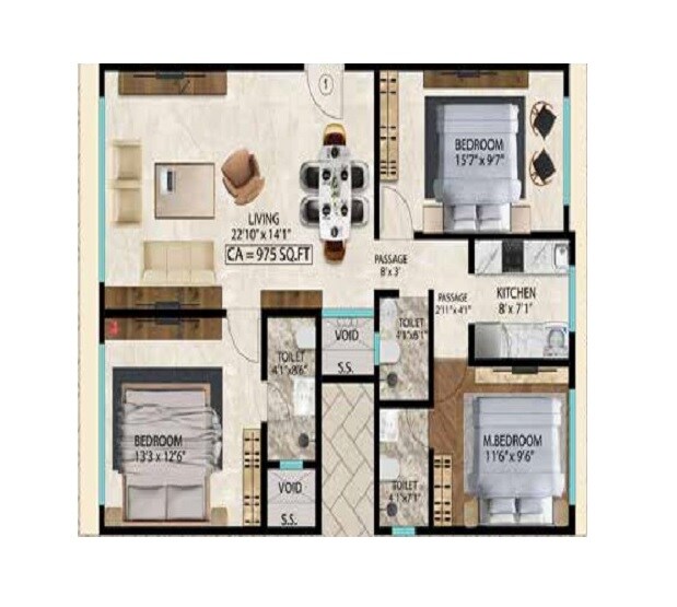 Floor plan of 3 BHK 975 Sq. Ft. Apartment in Kamla Siddhivinayak, Mumbai