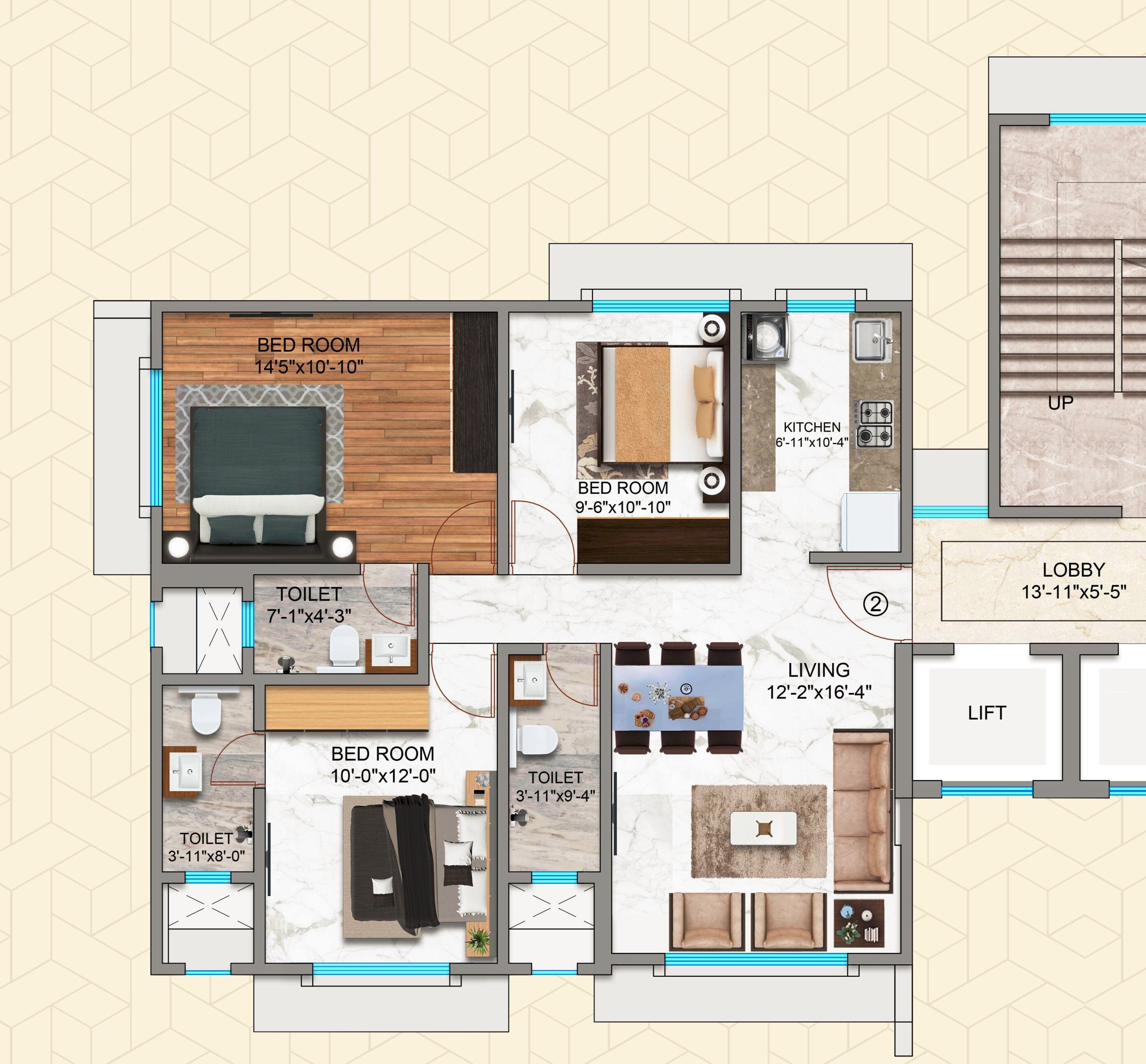 Floor plan of 3 BHK 832 Sq. Ft. Apartment in Kamla Snehawardhini, Mumbai