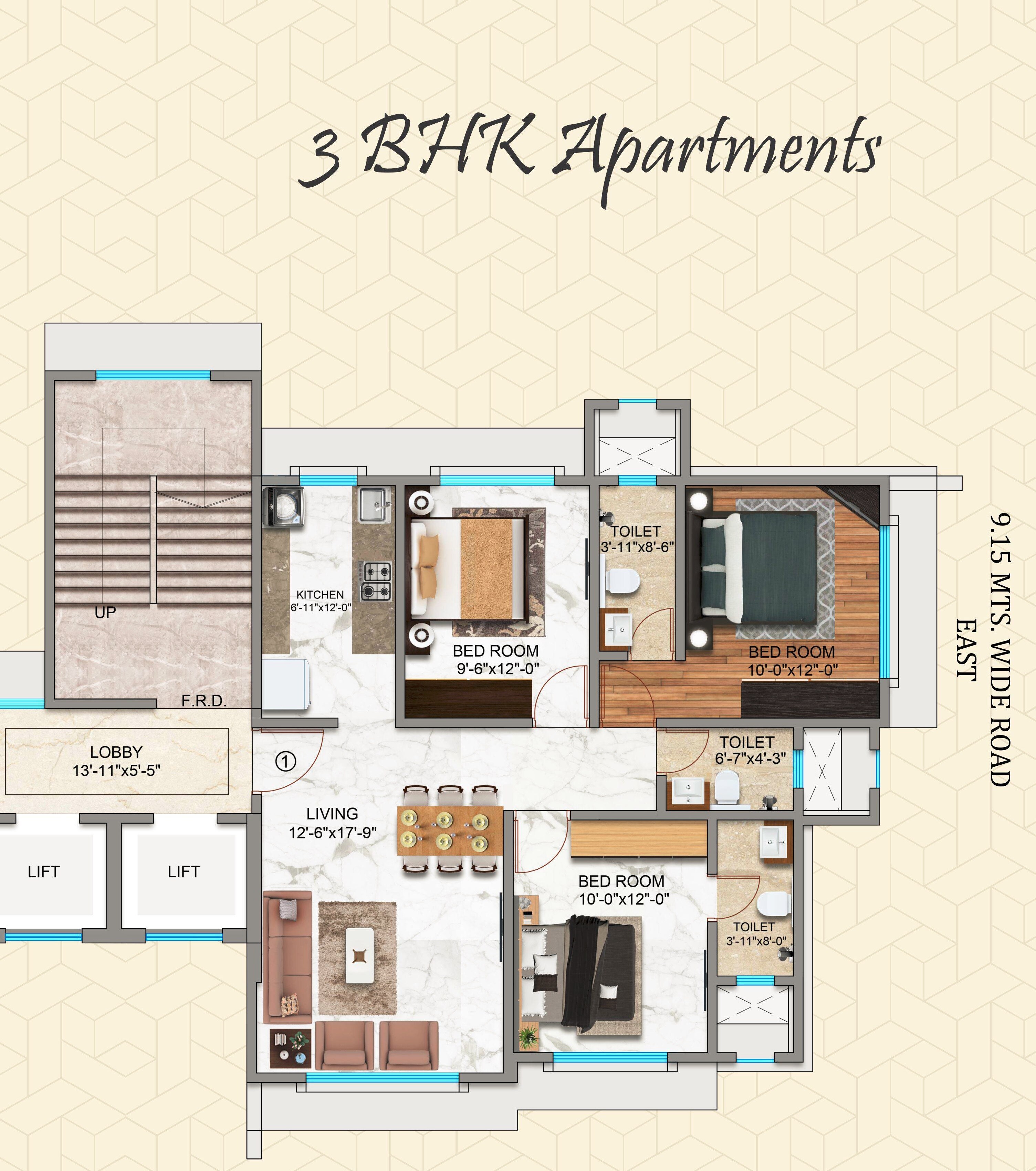 Floor plan of 3 BHK 852 Sq. Ft. Apartment in Kamla Snehawardhini, Mumbai