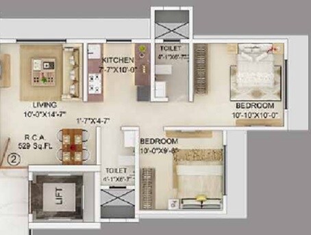 Floor plan of 2 BHK 529 Sq. Ft. Apartment in Kamla Sukhshanti, Mumbai