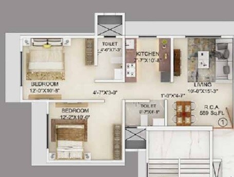 Floor plan of 2 BHK 597 Sq. Ft. Apartment in Kamla Sukhshanti, Mumbai