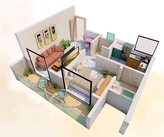 Floor plan of 1 BHK 381 Sq. Ft. Apartment in KAMS Krystel, Mumbai