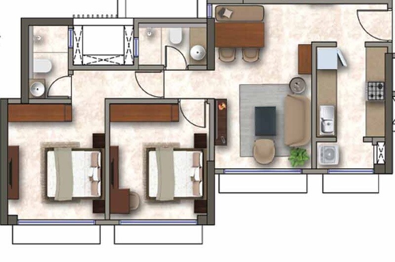 Floor plan of 2 BHK 769 Sq. Ft. Apartment in Kanakia Codename Future A, Mumbai