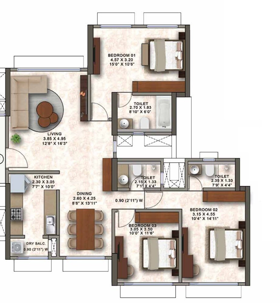 Floor plan of 3 BHK 986 Sq. Ft. Apartment in Kanakia Codename Future A, Mumbai