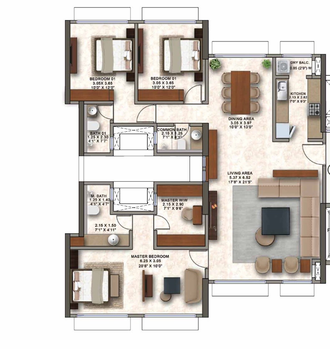 Floor plan of 3 BHK 1411 Sq. Ft. Apartment in Kanakia Codename Future B, Mumbai