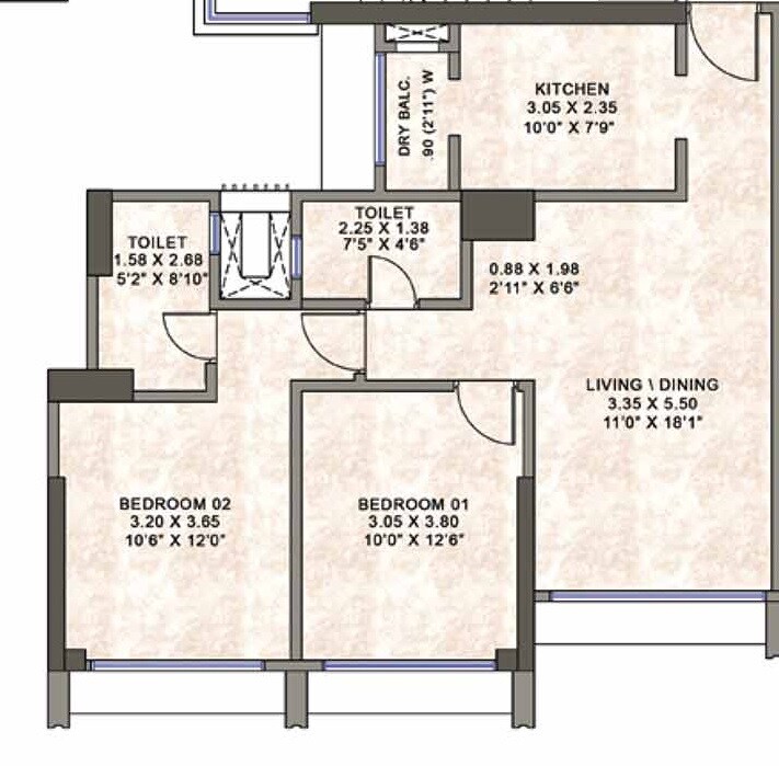 Floor plan of 2 BHK 737 Sq. Ft. Apartment in Kanakia Codename Future D, Mumbai